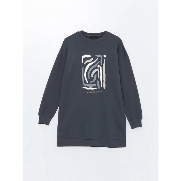 LCW Modest ANTRASİT Bisiklet Yaka Baskılı Oversize Kadın Sweatshirt Tunik