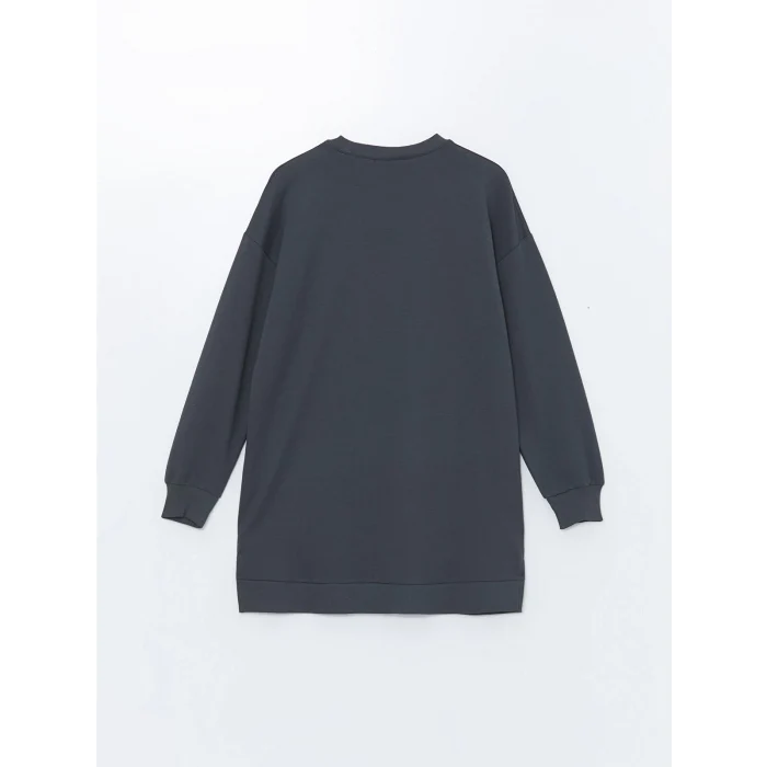 LCW Modest ANTRASİT Bisiklet Yaka Baskılı Oversize Kadın Sweatshirt Tunik