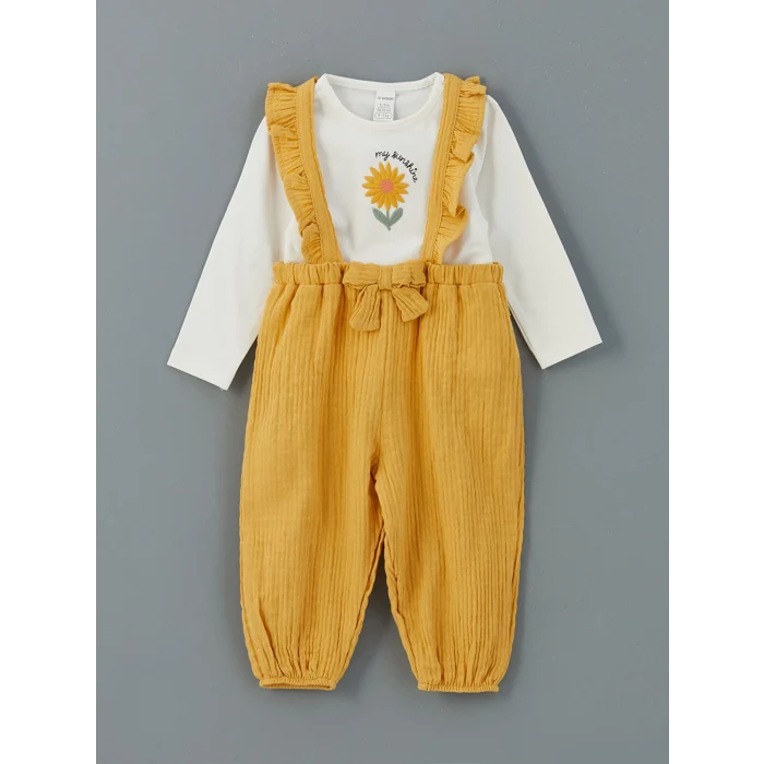 LCW baby EKRU Bisiklet Yaka Kız Bebek Bluz ve Askılı Pantolon 2li