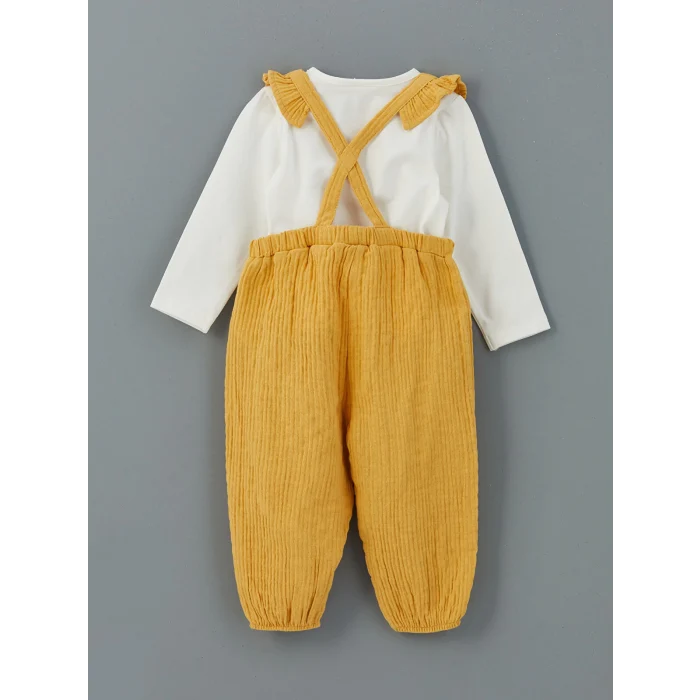 LCW baby EKRU Bisiklet Yaka Kız Bebek Bluz ve Askılı Pantolon 2li