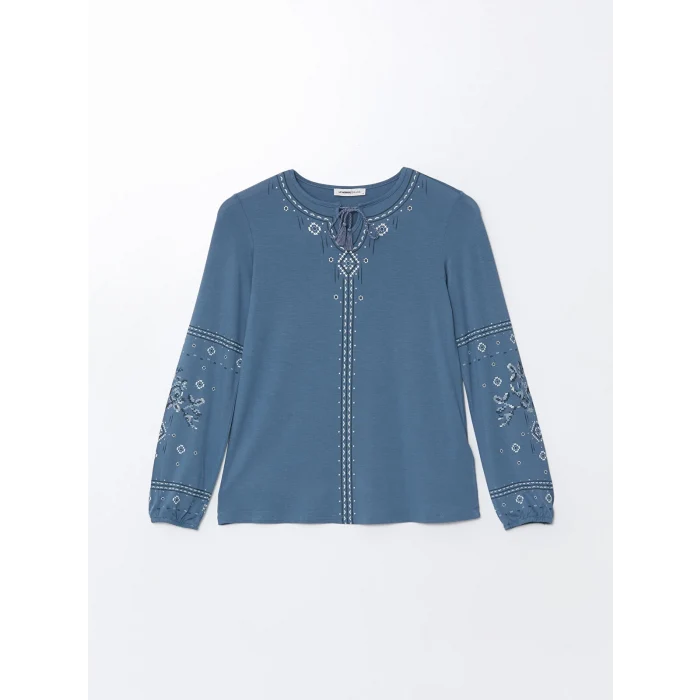 LCW Grace İNDİGO Bağlamalı Yaka Desenli Kadın Bluz