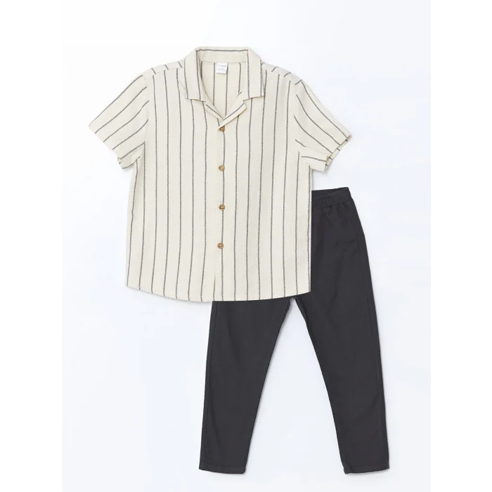 LCW Kids BEJ Resort Yaka Çizgili Erkek Çocuk Gömlek ve Pantolon 2li