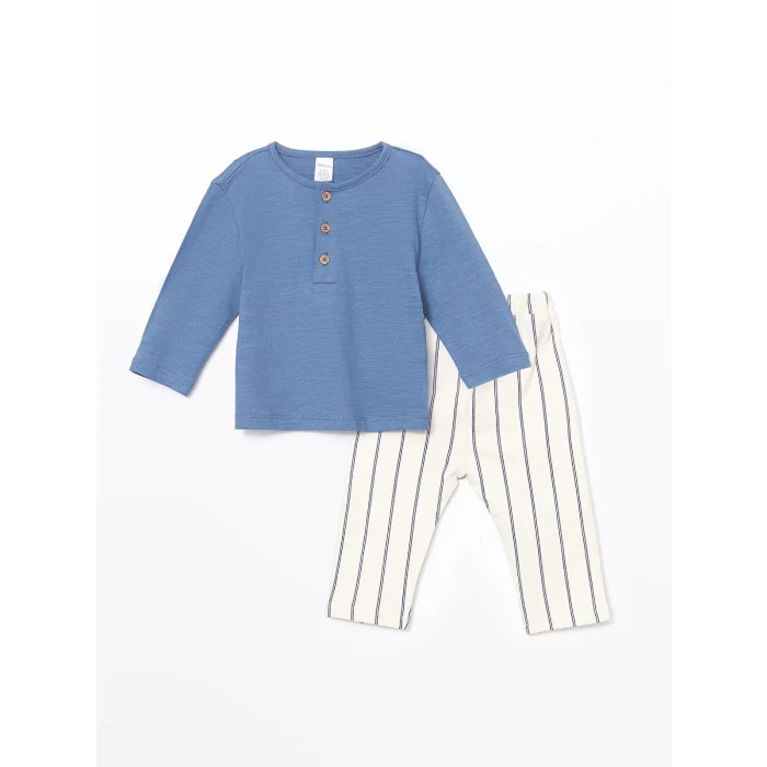 LCW baby MAVİ Bisiklet Yaka Basic Erkek Bebek Tişört ve Pantolon 2li
