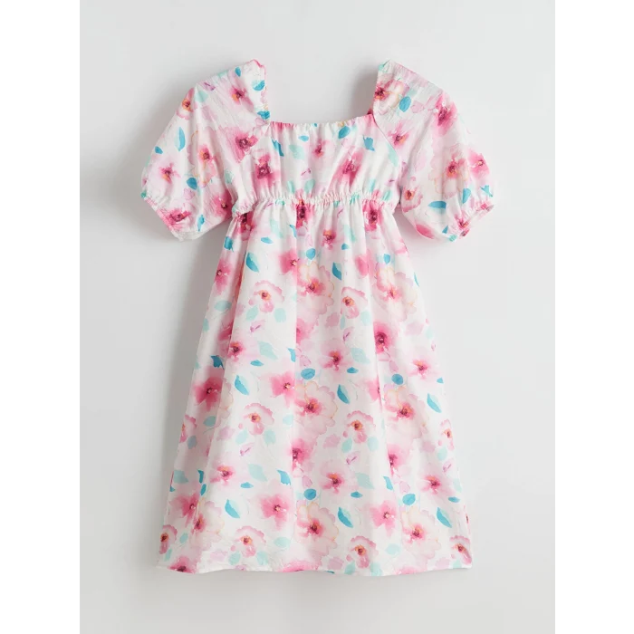 LCW Kids PEMBE Kare Yaka Çiçekli Kız Çocuk Elbise