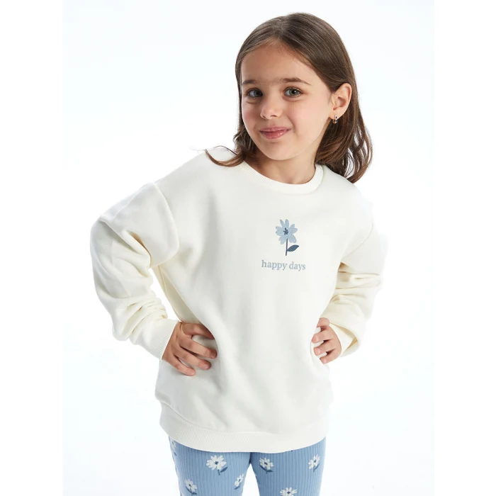 LCW Kids EKRU Bisiklet Yaka Çiçekli Kız Bebek Sweatshirt ve Tayt 2li