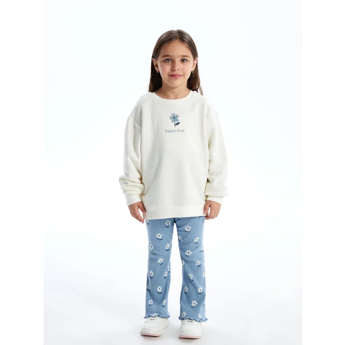 LCW Kids EKRU Bisiklet Yaka Çiçekli Kız Bebek Sweatshirt ve Tayt 2li