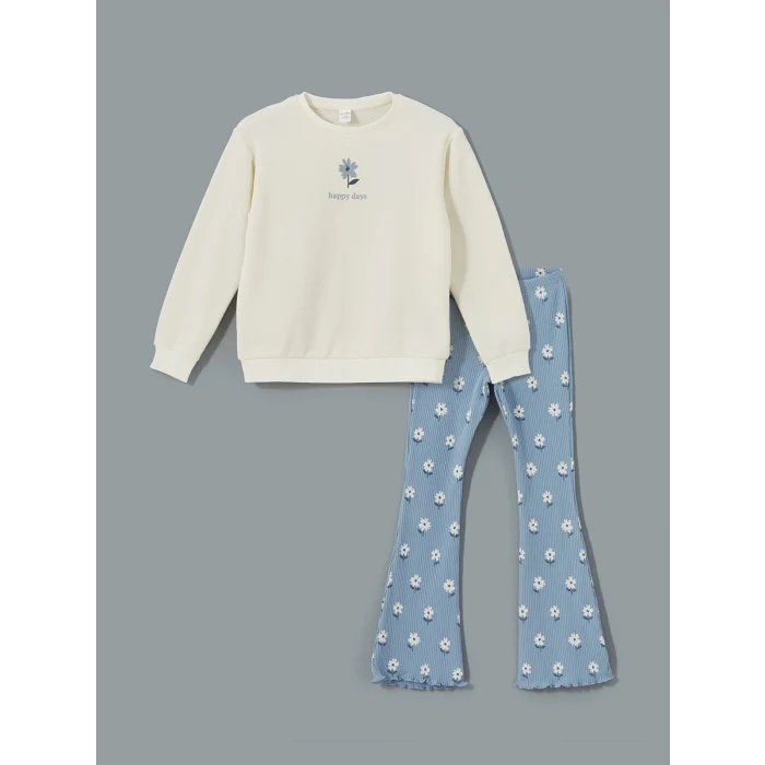 LCW Kids EKRU Bisiklet Yaka Çiçekli Kız Bebek Sweatshirt ve Tayt 2li