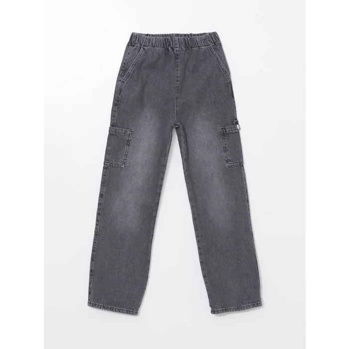 LCW Kids SİYAH Beli Lastikli Kız Çocuk Kargo Jean Pantolon
