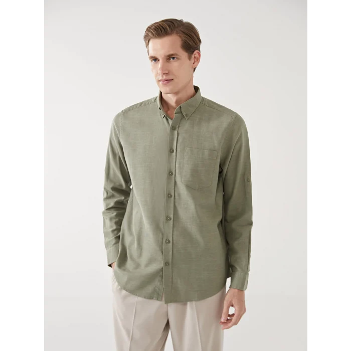 LCWAIKIKI Classic YEŞİL Regular Fit Uzun Kollu Keten Karışımlı Erkek Gömlek