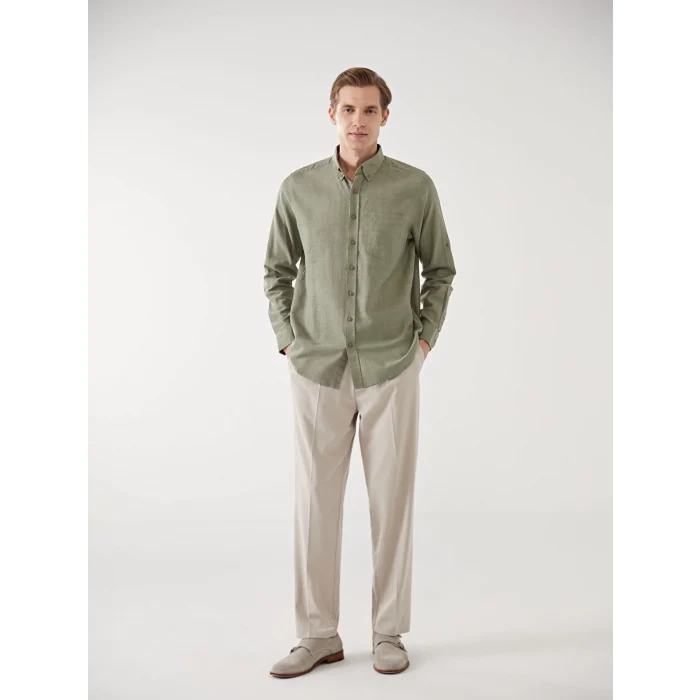 LCWAIKIKI Classic YEŞİL Regular Fit Uzun Kollu Keten Karışımlı Erkek Gömlek
