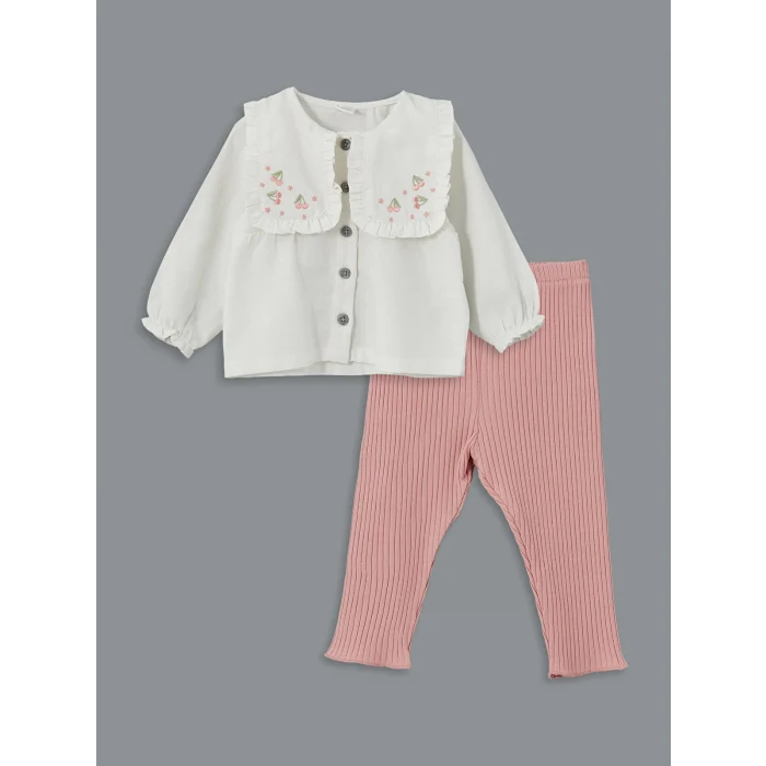 LCW baby EKRU Bisiklet Yaka Nakışlı Kız Bebek Gömlek ve Tayt 2li
