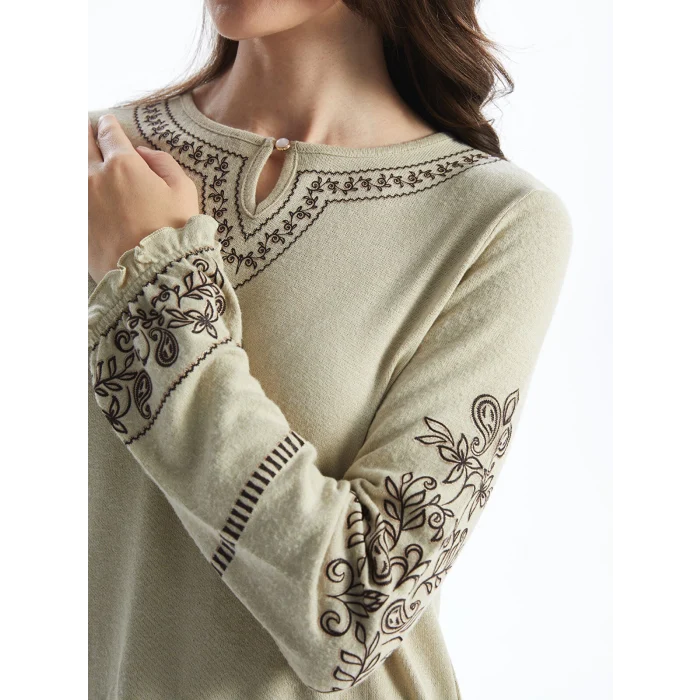LCW Grace BEJ Bisiklet Yaka Nakışlı Kadın Bluz