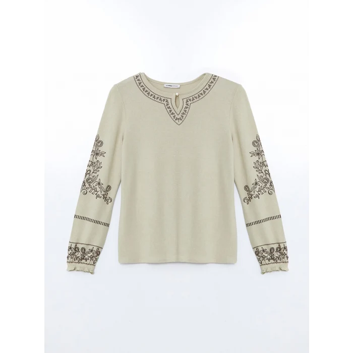 LCW Grace BEJ Bisiklet Yaka Nakışlı Kadın Bluz