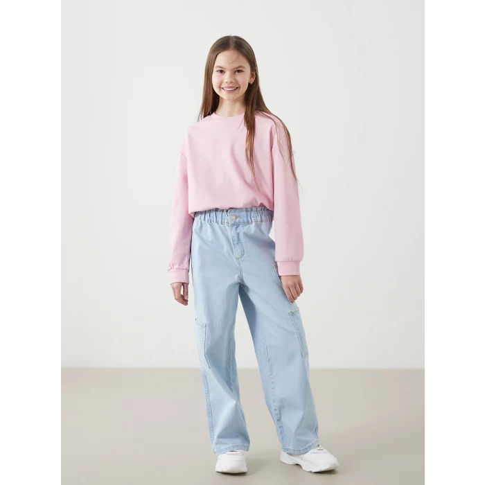 LCW Kids İNDİGO Beli Lastikli Kız Çocuk Kargo Jean Pantolon