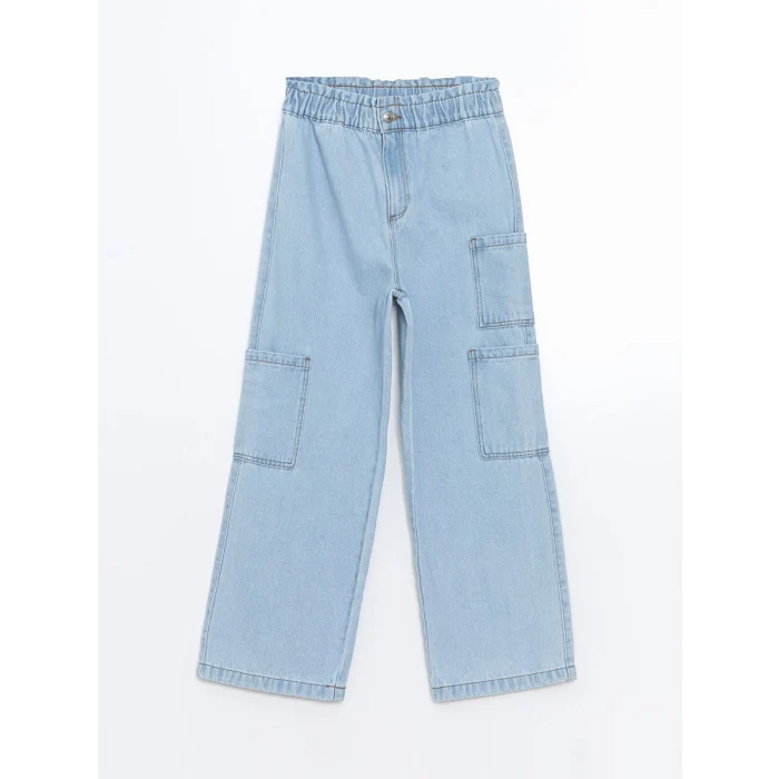 LCW Kids İNDİGO Beli Lastikli Kız Çocuk Kargo Jean Pantolon