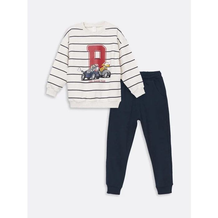 LCW Kids BEYAZ Bisiklet Yaka Baskılı Erkek Çocuk Sweatshirt ve Eşofman Alt 2li