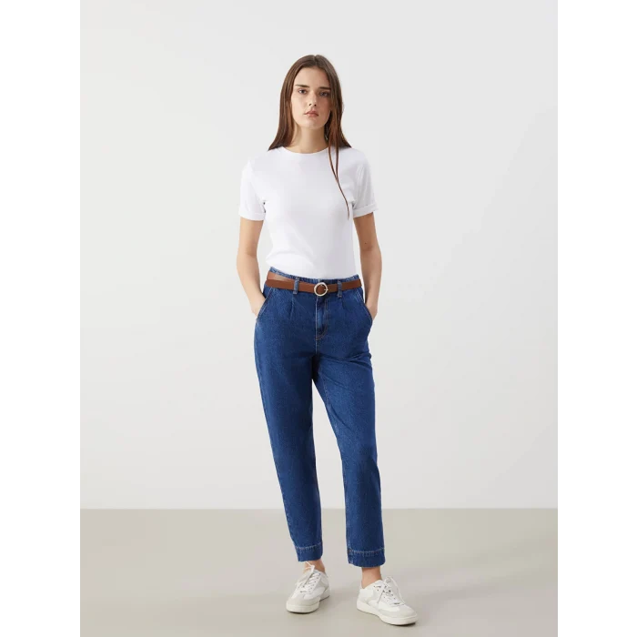 LCW Jeans İNDİGO Beli Kemerli Mom Fit Kadın Jean Pantolon