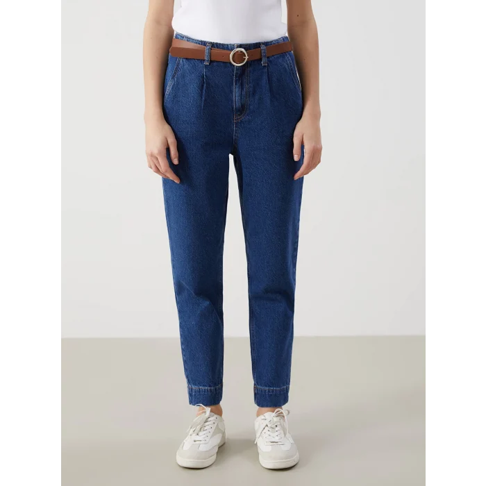 LCW Jeans İNDİGO Beli Kemerli Mom Fit Kadın Jean Pantolon