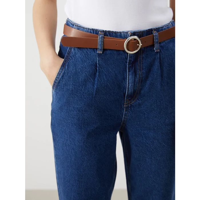 LCW Jeans İNDİGO Beli Kemerli Mom Fit Kadın Jean Pantolon