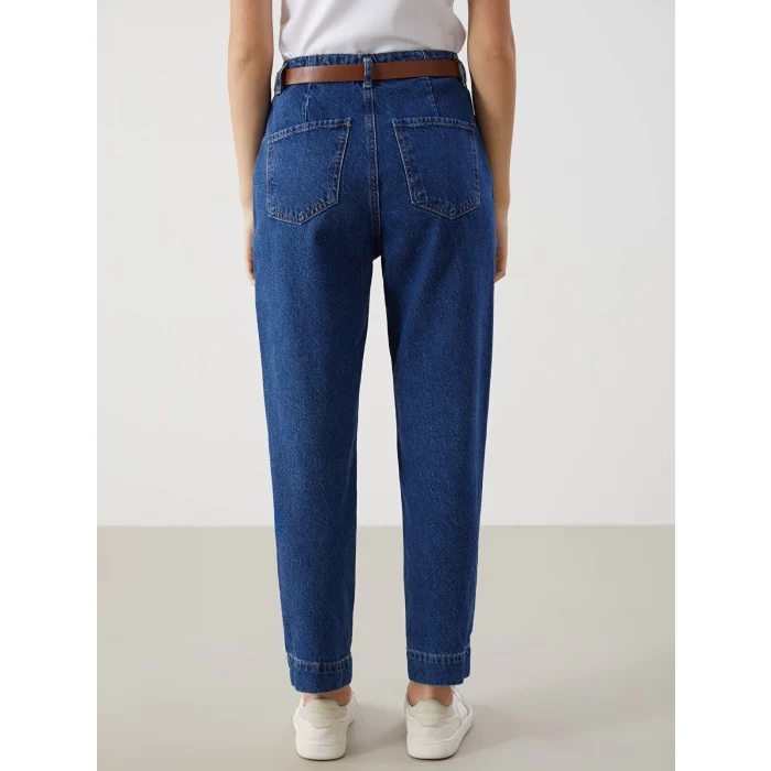 LCW Jeans İNDİGO Beli Kemerli Mom Fit Kadın Jean Pantolon