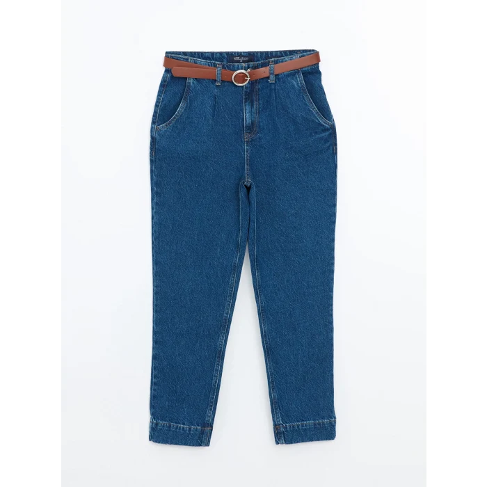 LCW Jeans İNDİGO Beli Kemerli Mom Fit Kadın Jean Pantolon