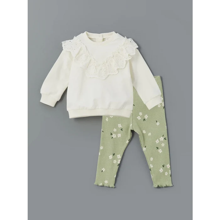 LCW baby EKRU Bisiklet Yaka Kız Bebek Sweatshirt ve Tayt 2li