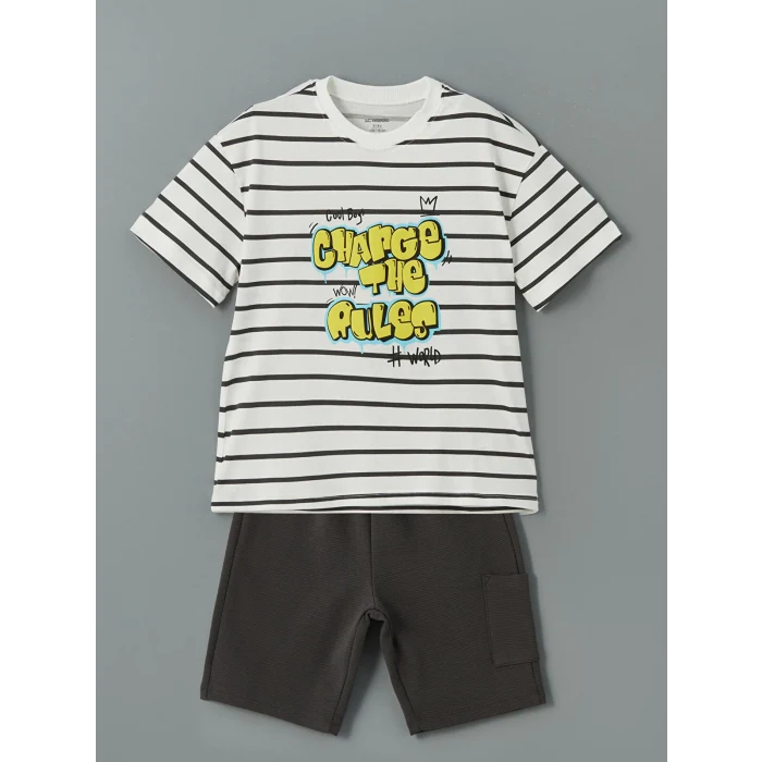 LCW Kids EKRU Bisiklet Yaka Baskılı Erkek Çocuk Tişört ve Şort 2li