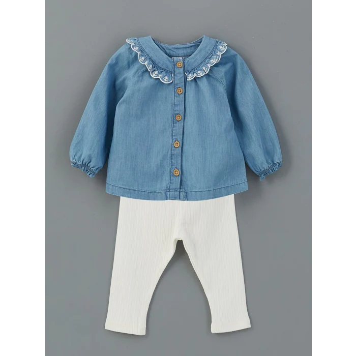 LCW baby İNDİGO Bisiklet Yaka Kız Bebek Gömlek ve Tayt 2li