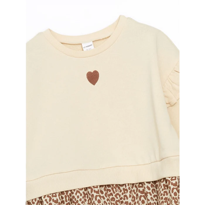 LCW Kids BEJ Bisiklet Yaka Leopar Desenli Kız Çocuk Elbise