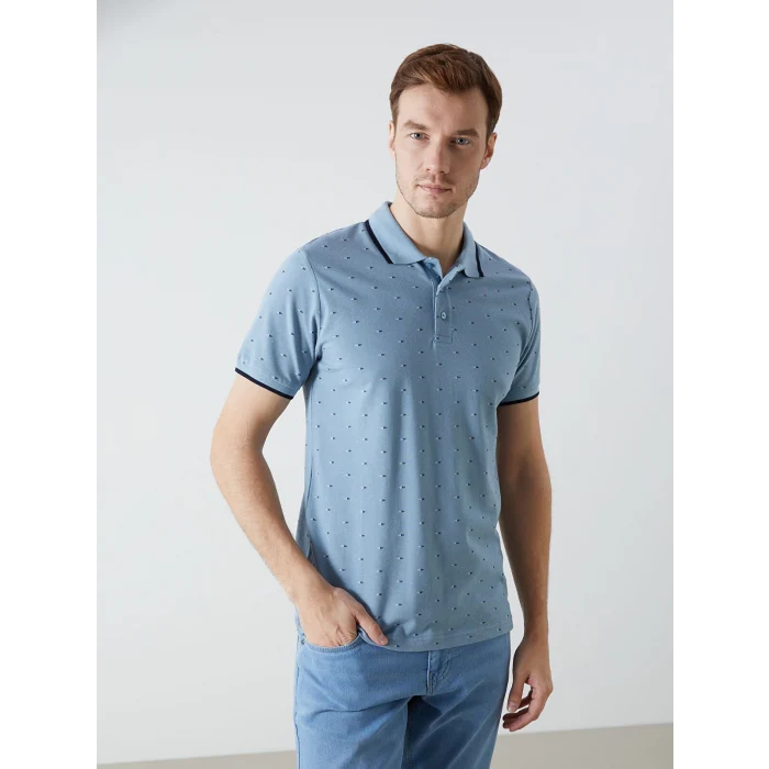 LCWAIKIKI Classic MAVİ Polo Yaka Kısa Kollu Desenli Pike Erkek Tişört
