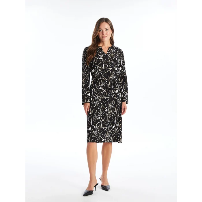 LCW Grace SİYAH Kaçık Yaka Desenli Kadın Elbise