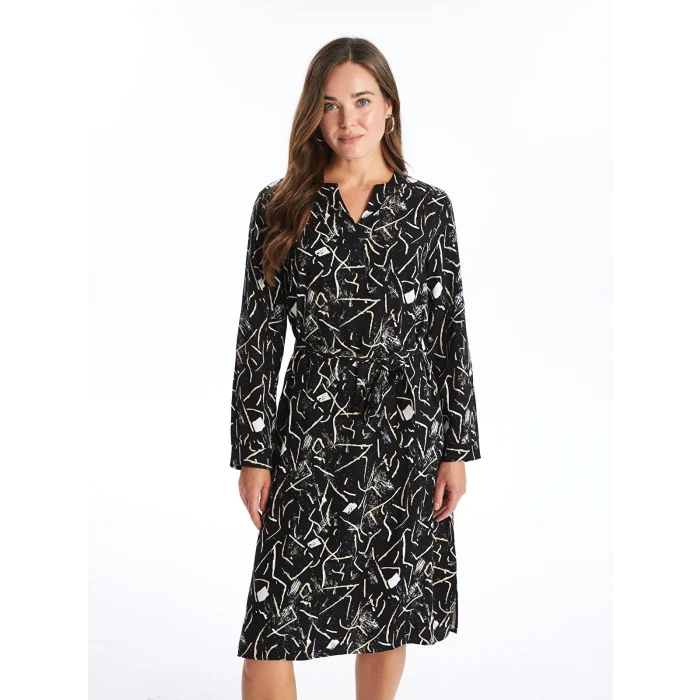 LCW Grace SİYAH Kaçık Yaka Desenli Kadın Elbise