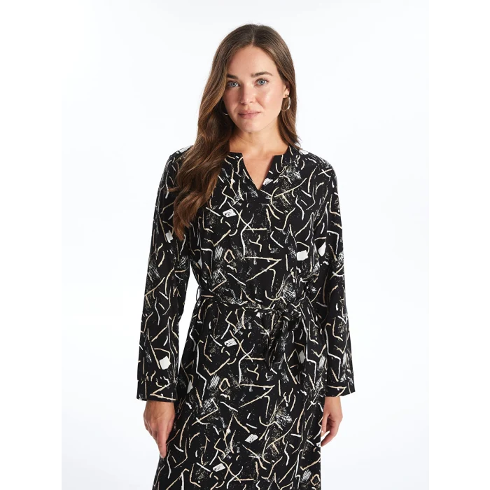 LCW Grace SİYAH Kaçık Yaka Desenli Kadın Elbise
