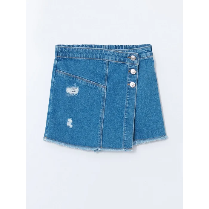 LCW Kids MAVİ Beli Lastikli Kız Çocuk Jean Şort Etek