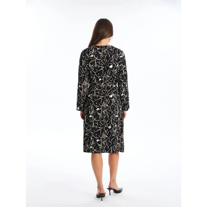 LCW Grace SİYAH Kaçık Yaka Desenli Kadın Elbise
