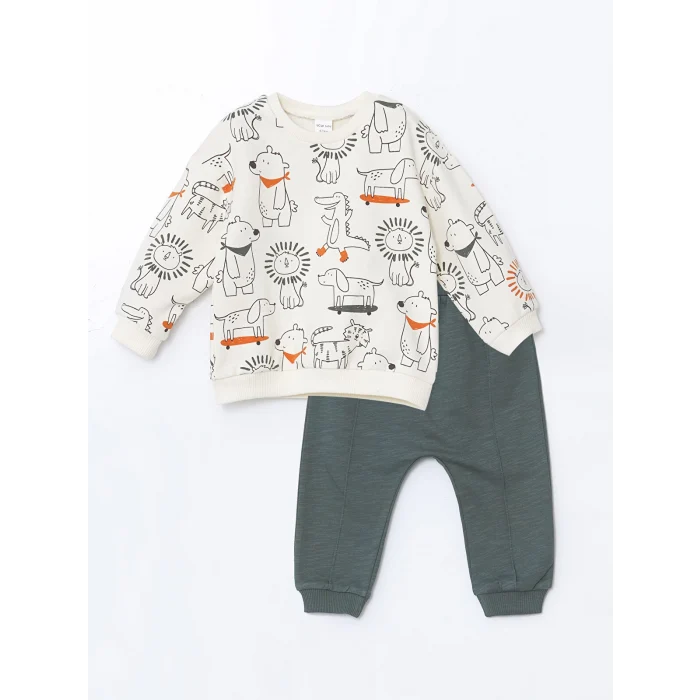LCW baby EKRU Bisiklet Yaka Baskılı Erkek Bebek Sweatshirt ve Eşofman Alt 2li