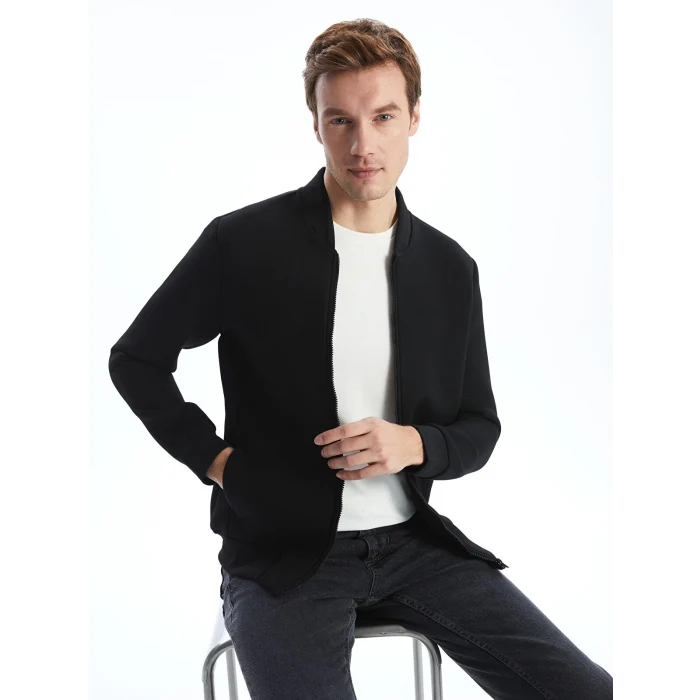 LCWAIKIKI Basic SİYAH Kolej Yaka Uzun Kollu Erkek Fermuarlı Sweatshirt