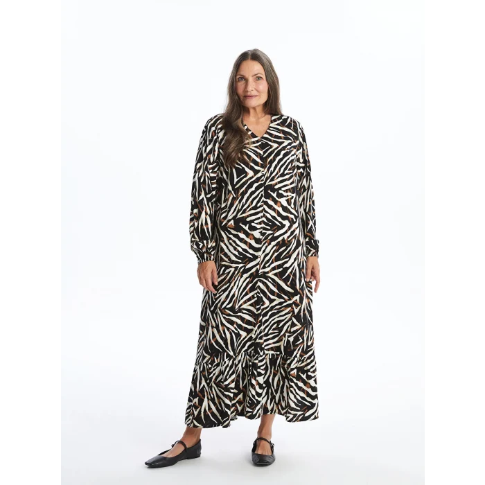 LCW Grace KAHVERENGİ V Yaka Desenli Kadın Elbise