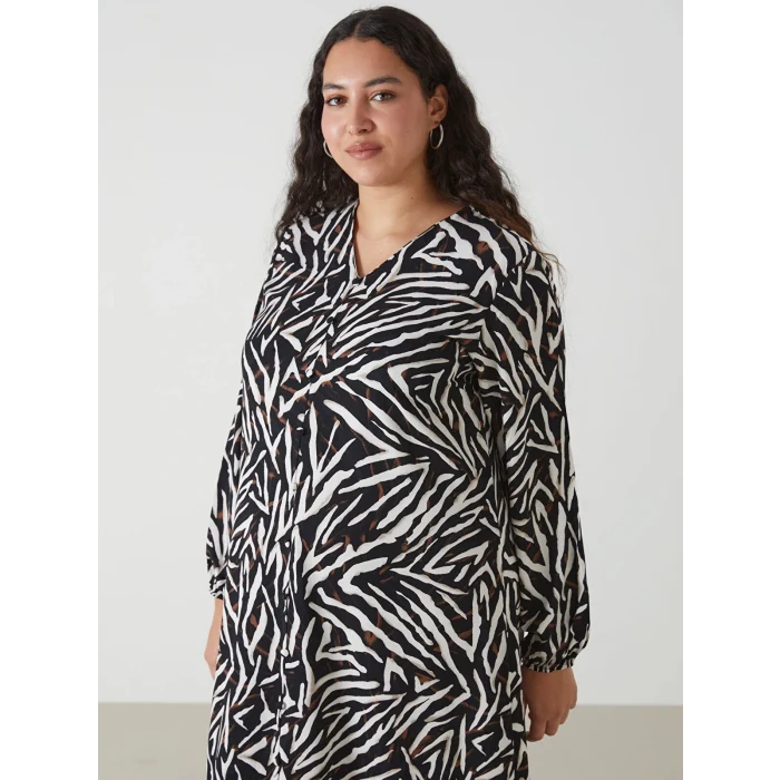 LCW Grace KAHVERENGİ V Yaka Desenli Kadın Elbise