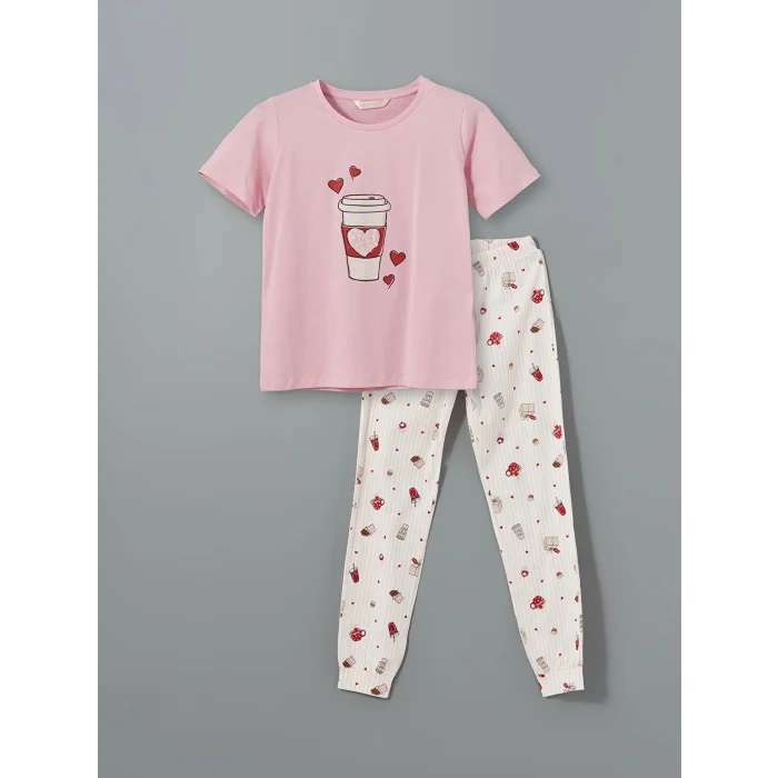 LCW DREAM PEMBE Bisiklet Yaka Baskılı Kadın Pijama Takımı