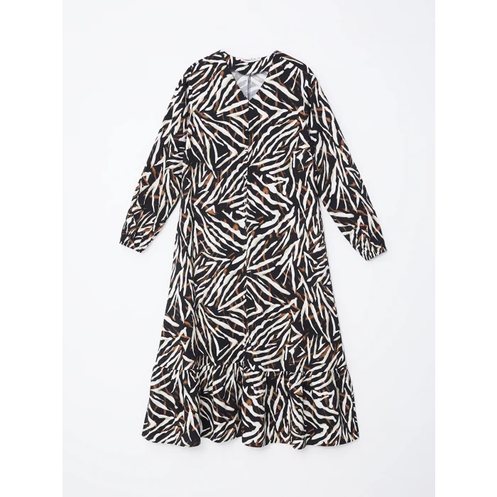 LCW Grace KAHVERENGİ V Yaka Desenli Kadın Elbise