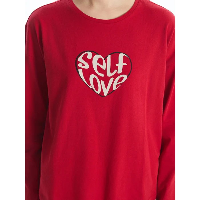 LCW DREAM KIRMIZI Bisiklet Yaka Baskılı Kadın Pijama Takımı