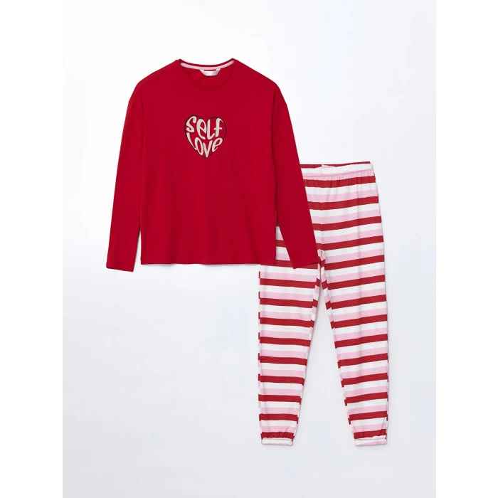 LCW DREAM KIRMIZI Bisiklet Yaka Baskılı Kadın Pijama Takımı