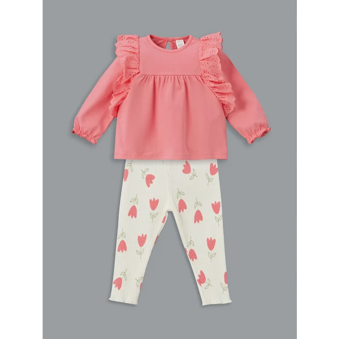 LCW baby PEMBE Bisiklet Yaka Çiçekli Kız Bebek Bluz ve Tayt 2li