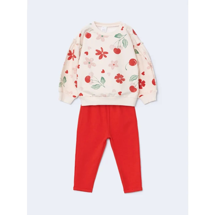 LCW baby PEMBE Bisiklet Yaka Çiçekli Kız Bebek Sweatshirt ve Tayt 2li