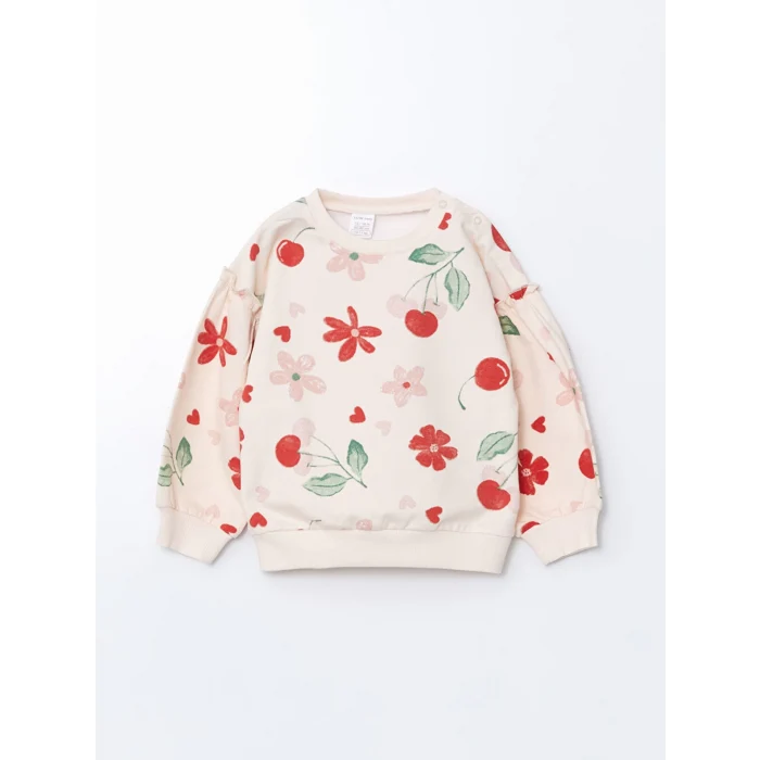 LCW baby PEMBE Bisiklet Yaka Çiçekli Kız Bebek Sweatshirt ve Tayt 2li