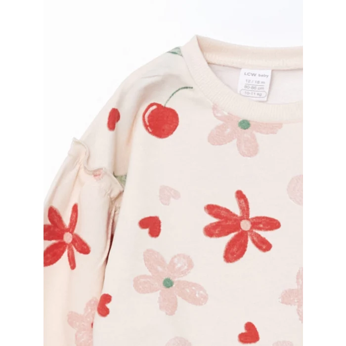 LCW baby PEMBE Bisiklet Yaka Çiçekli Kız Bebek Sweatshirt ve Tayt 2li