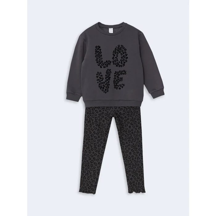 LCW Kids GRİ Bisiklet Yaka Leopar Desenli Kız Çocuk Sweatshirt ve Tayt 2li