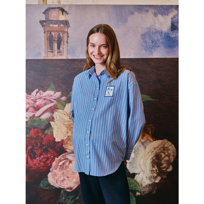 LCW Comfort MAVİ Çiçekli Oversize Poplin Kadın Gömlek