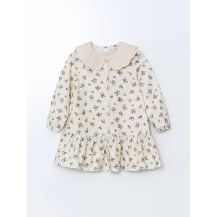 LCW Kids EKRU Bebe Yaka Kurdele Desenli Kız Çocuk Elbise